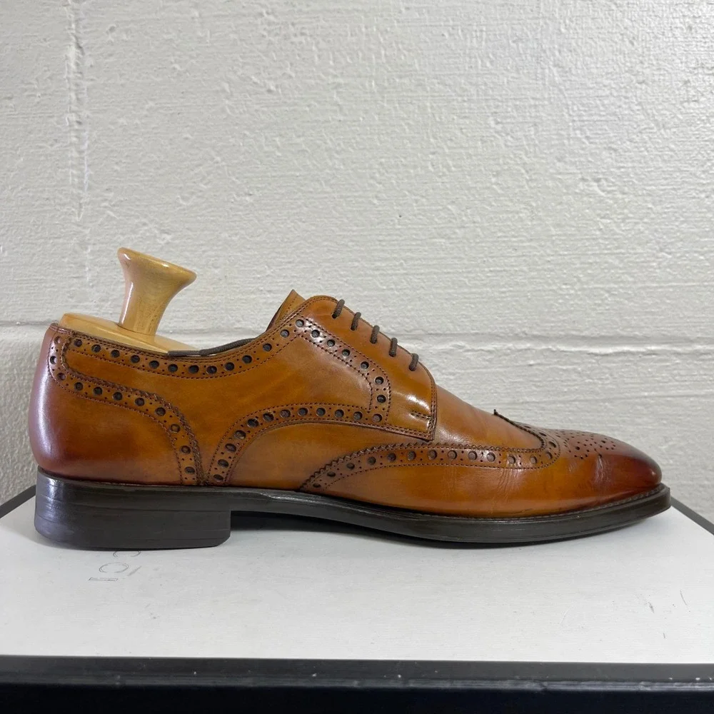 Magnanni Sergio 17529 Cognac Leather Wingtip Oxford Dress Shoes Men's 10 M